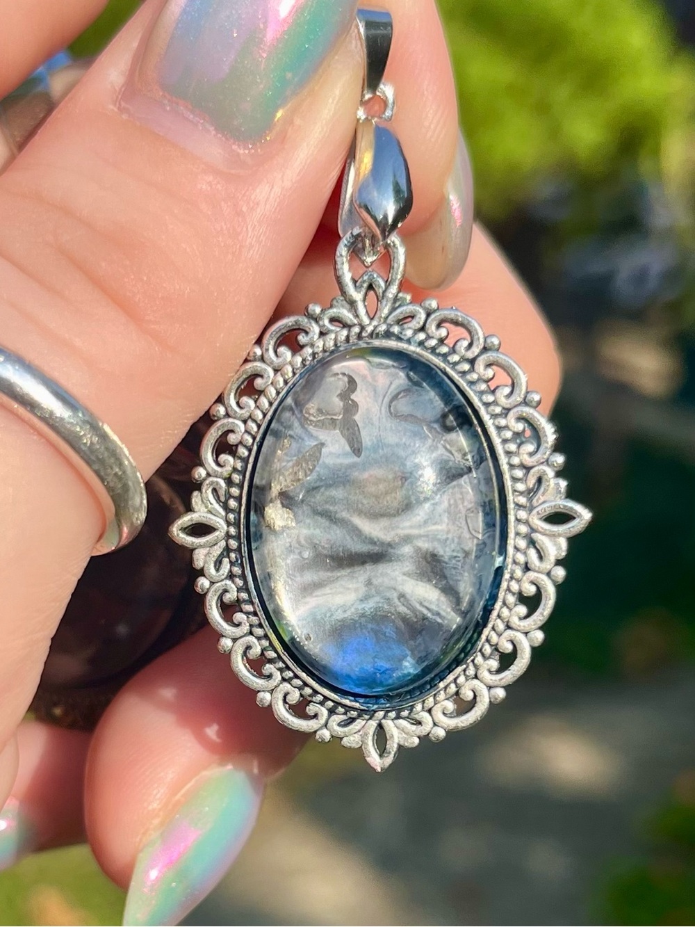 Silver Filigree hand-painted Pendant Necklace with Iridescent Blue-Gray handmade